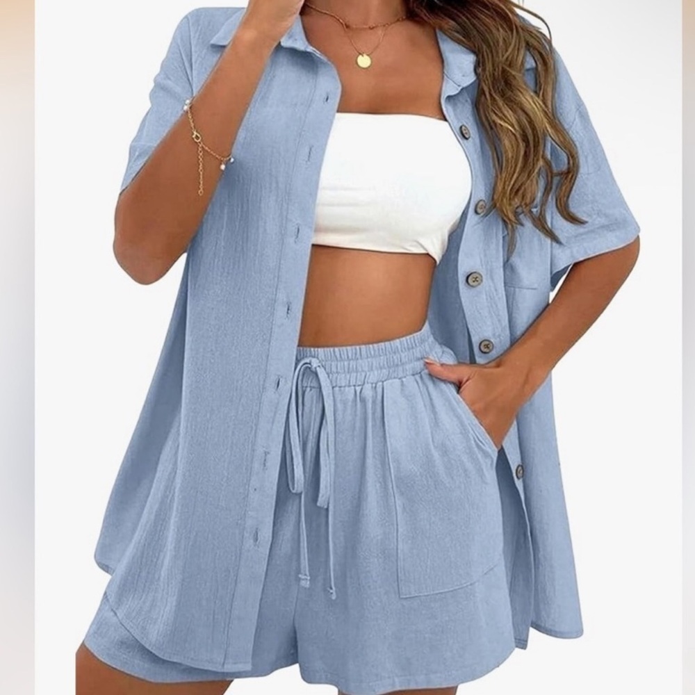Light Blue Button-Up Shirt and Shorts Set